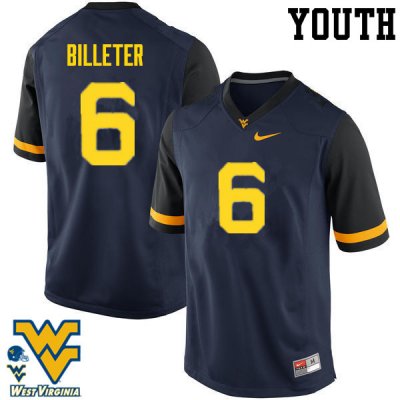 Youth West Virginia Mountaineers NCAA #6 Will Billeter Navy Authentic Nike Stitched College Football Jersey ND15I27DY